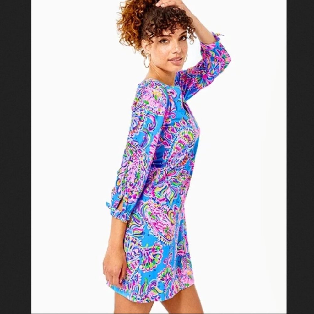Lilly Pulitzer Cath Dress Printed Notch Neck Beach Tie Cuff S - Picture 2 of 7